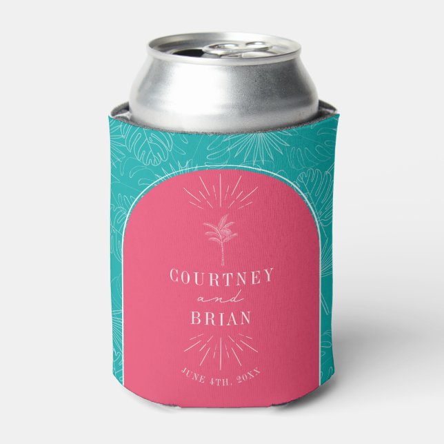 Palm Tree Pink & Blue Beach Wedding  Can Cooler (Can Front)