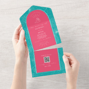 Palm Tree Pink Blue Beach Wedding QR Code RSVP All In One Invitation