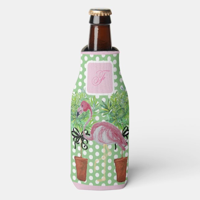 Palm Tree Pink Flamingo Flamingos  Bottle Cooler (Bottle Front)