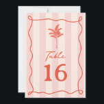 Palm Tree Pink Stripe Wedding Invitation<br><div class="desc">Red line art palm tree illustration over pink stripe background with red text and hand drawn wavy swirl frame.</div>
