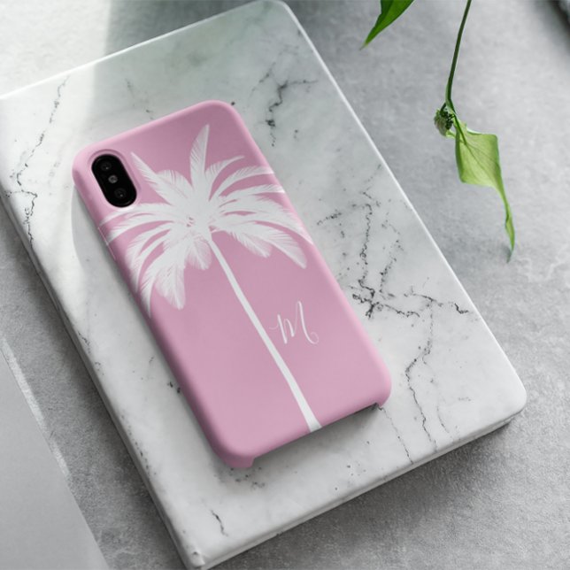 Palm Tree Pink White Tropical Elegant Monogram  Case-Mate iPhone Case (Creator Uploaded)