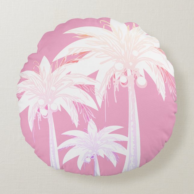 Palm Tree Pink White Tropical Summer Beach House Round Cushion (Front)