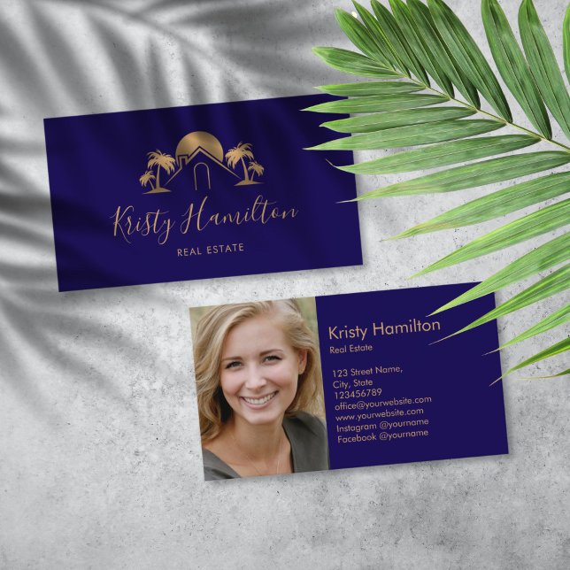 palm tree real estate professional house add photo business card (gold palm tree house real estate logo business card)