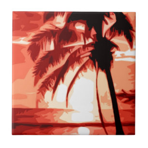 Palm Tree & Red Sunset Tile