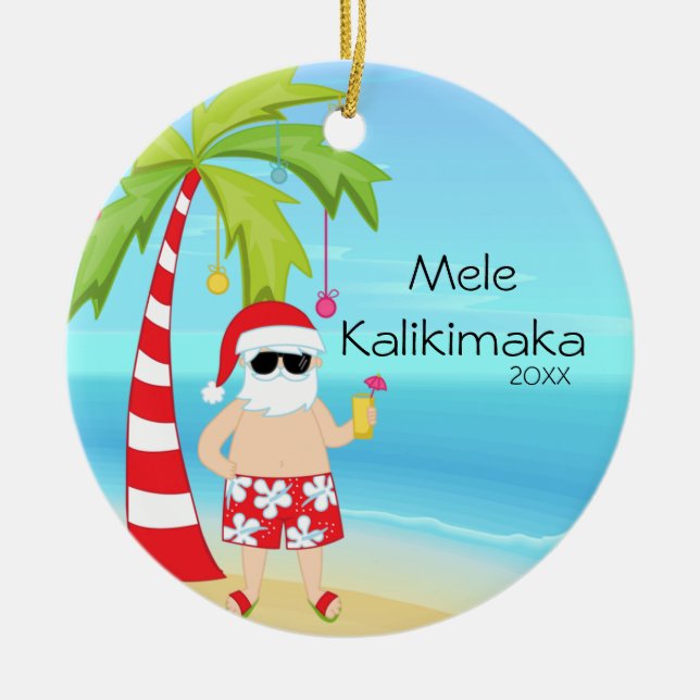 Palm Tree Relaxing Santa Hawaiian Christmas Ceramic Tree Decoration (Front)