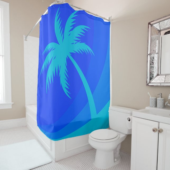 Palm Tree Retro Beach Tropical Blue Shower Curtain (In Situ)