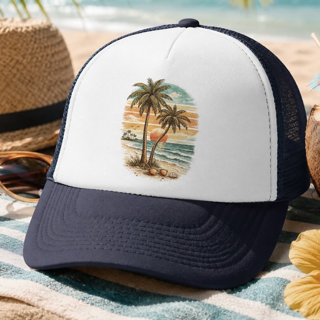 Palm Tree - Retro Style Tropical Beach Sun Summer  Trucker Hat (Creator Uploaded)