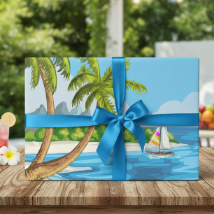 Palm Tree Sail Boat Sandy Beach Wrapping Paper