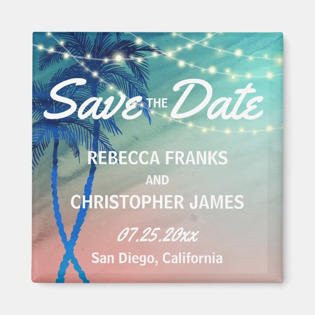 Palm Tree Save the Date Magnets | Teal Blue Peach (Front)