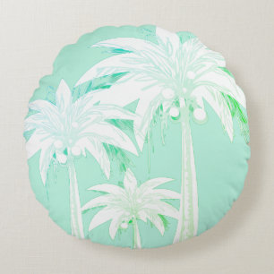 Palm Tree Seafoam Green White Tropical Beach House Round Cushion