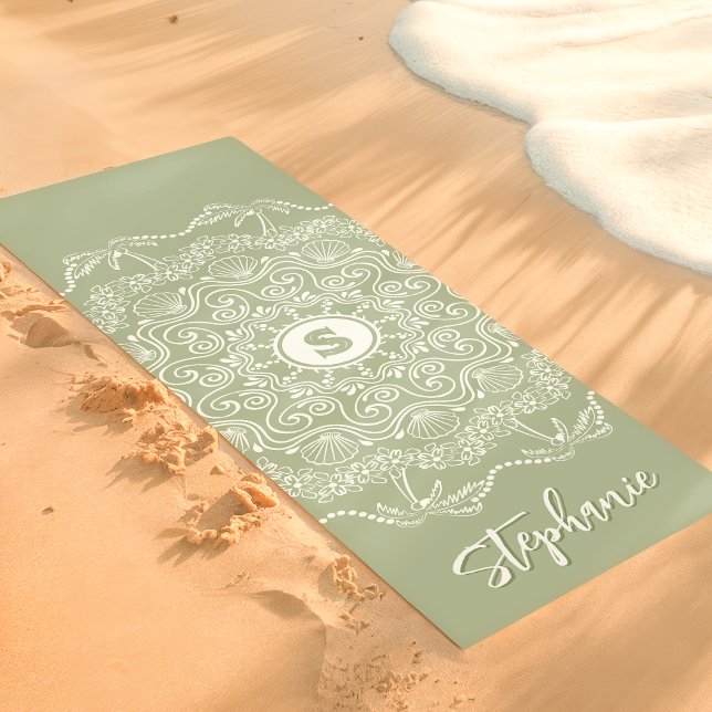 Palm Tree Seashell Mandala Monogram Sage Beachy Yoga Mat (Creator Uploaded)