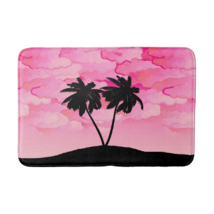 Palm Tree Silhouette Against Dawn Pink with Clouds Bath Mat