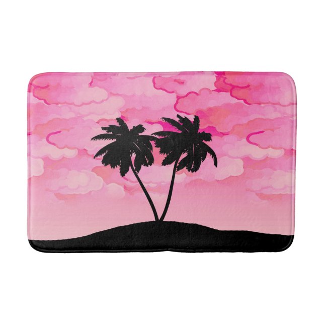 Palm Tree Silhouette Against Dawn Pink with Clouds Bath Mat (Front)