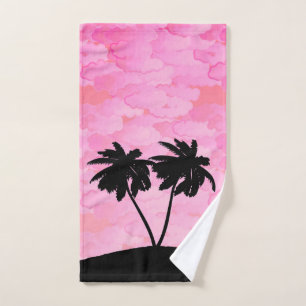 Palm Tree Silhouette Against Dawn Pink with Clouds Bath Towel Set