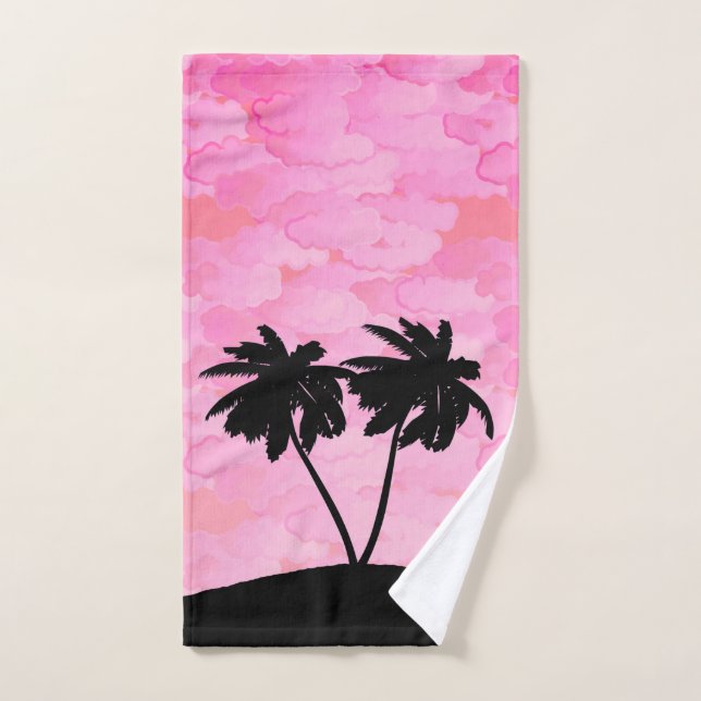 Palm Tree Silhouette Against Dawn Pink with Clouds Bath Towel Set (Hand Towel)