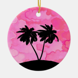 Palm Tree Silhouette Against Dawn Pink with Clouds Ceramic Tree Decoration