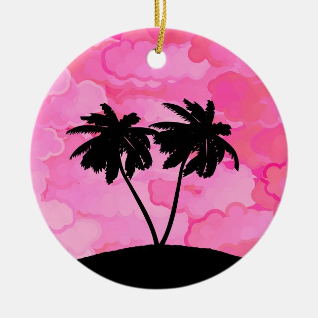 Palm Tree Silhouette Against Dawn Pink with Clouds Ceramic Tree Decoration (Front)