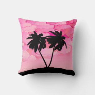 Palm Tree Silhouette Against Dawn Pink with Clouds Cushion