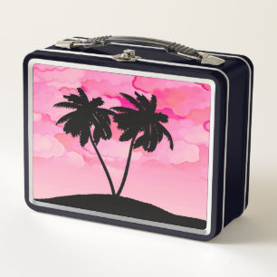 Palm Tree Silhouette Against Dawn Pink with Clouds Metal Lunch Box