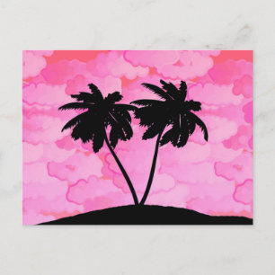 Palm Tree Silhouette Against Dawn Pink with Clouds Postcard