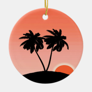 Palm Tree Silhouette Against Sunset Orange  Cerami Ceramic Tree Decoration