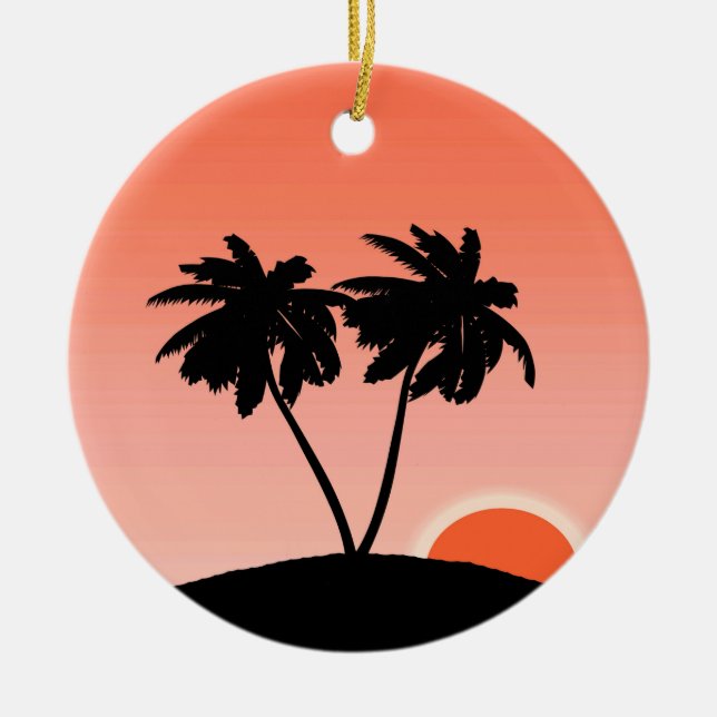 Palm Tree Silhouette Against Sunset Orange  Cerami Ceramic Tree Decoration (Front)