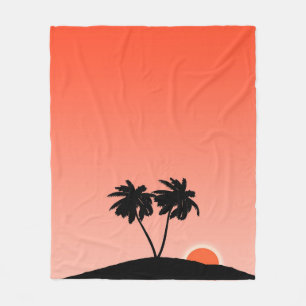 Palm Tree Silhouette Against Sunset Orange Fleece Blanket