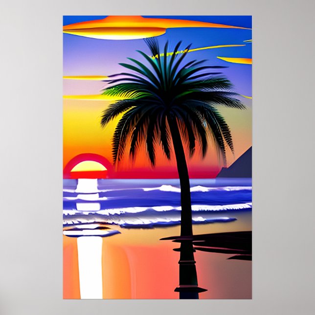Palm Tree Silhouette and Colourful Sunset Poster (Front)