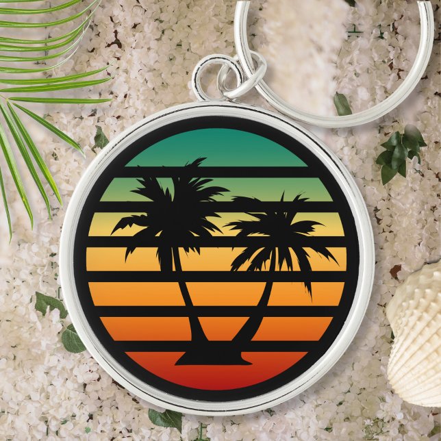 Palm Tree Silhouette Black Stripe Key Ring (Palm Tree Silhouette Key Chain)