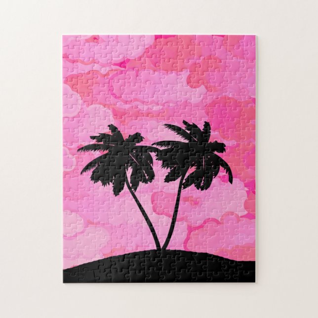 Palm Tree Silhouette, Dawn Pink with Clouds Jigsaw Puzzle (Vertical)