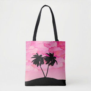 Palm Tree Silhouette, Dawn Pink with Clouds Tote Bag