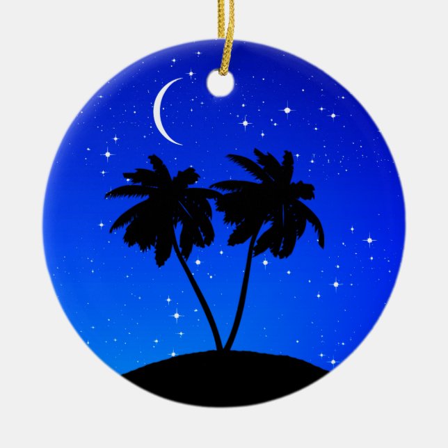 Palm Tree Silhouette, Evening Blue with Stars Ceramic Tree Decoration (Front)