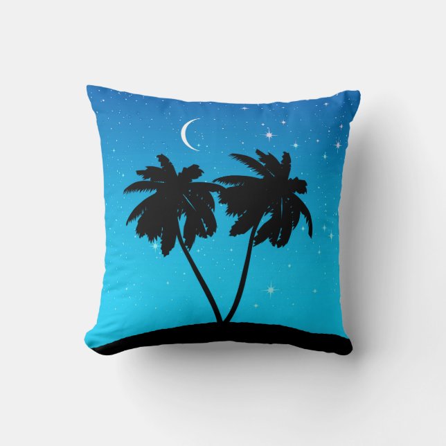 Palm Tree Silhouette, Evening Blue with Stars Cushion (Front)