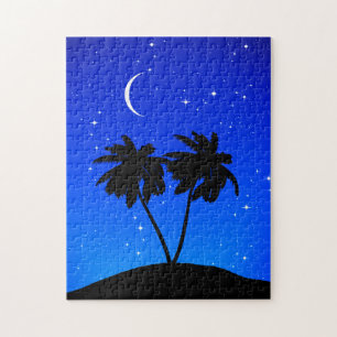 Palm Tree Silhouette, Evening Blue with Stars Jigsaw Puzzle