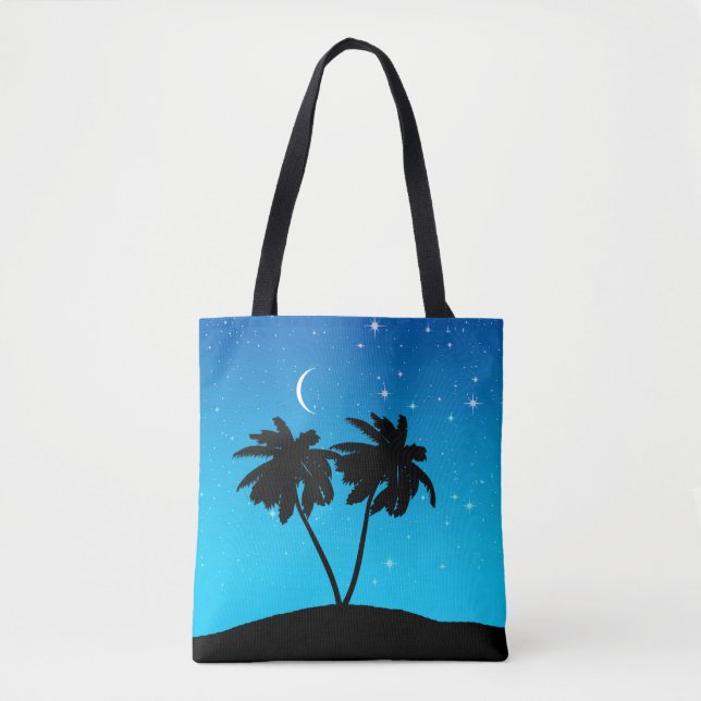 Palm Tree Silhouette, Evening Blue with Stars Tote Bag (Front)