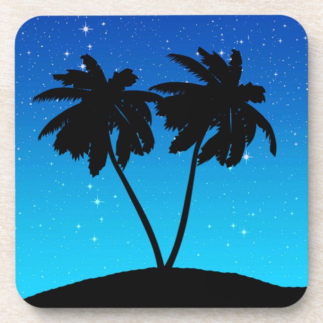 Palm Tree Silhouette on Evening Blue with Stars Coaster (Front)
