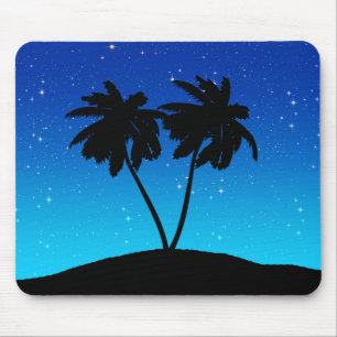 Palm Tree Silhouette on Evening Blue with Stars Mouse Mat