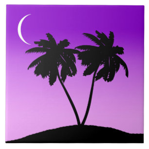 Palm Tree Silhouette on Twilight Purple Tile
