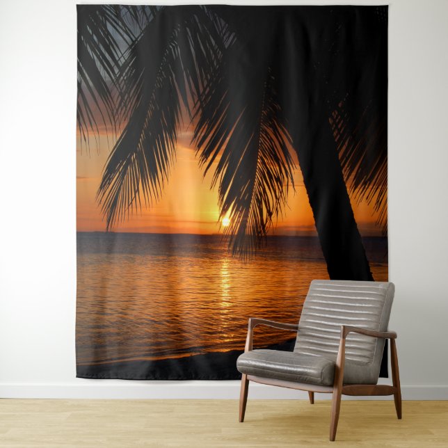 Palm Tree Silhouette Orange Tropical Sunset Backdr Tapestry (In Situ)