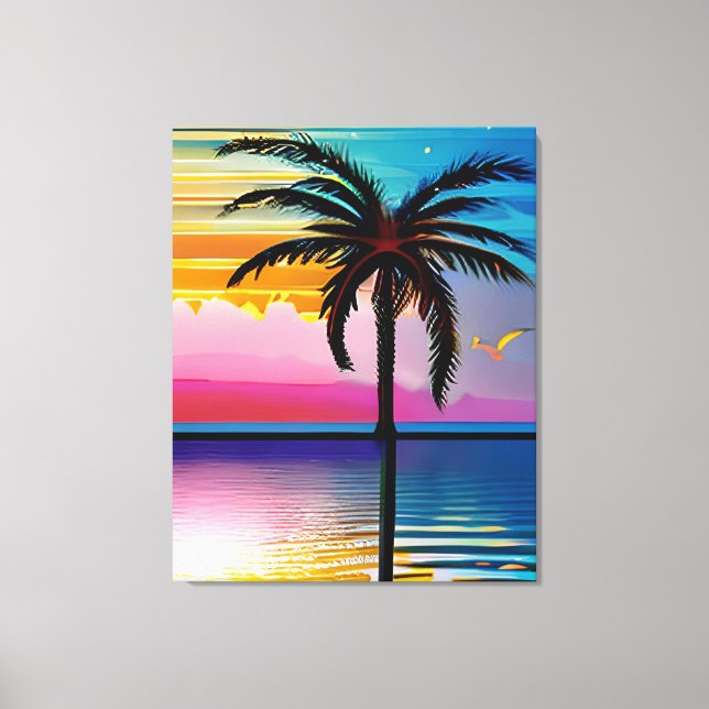 Palm Tree Silhouette, Seagull and Colourful Sunset Canvas Print (Front)