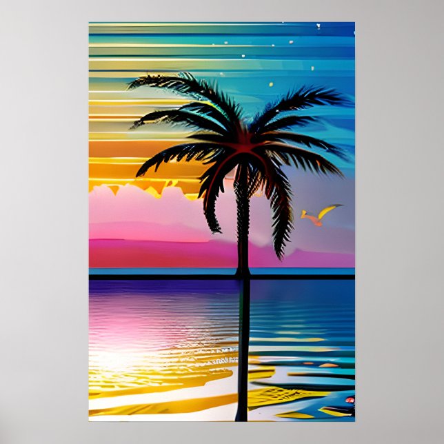 Palm Tree Silhouette, Seagull and Colourful Sunset Poster (Front)