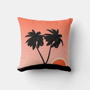 Palm Tree Silhouette, Sunset Orange Background Cushion