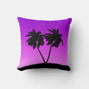 Palm Tree Silhouette, Twilight Purple with Stars Cushion