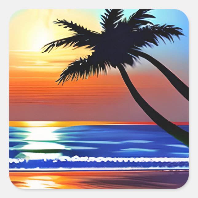 Palm Tree Silhouette with Sunset Reflection Square Sticker (Front)