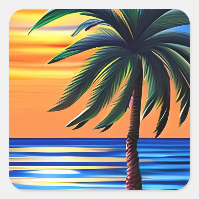 Palm Tree Silhouette with Sunset Ripples Square Sticker (Front)