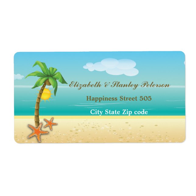 Palm tree & starfish tropical beach wedding label (Front)