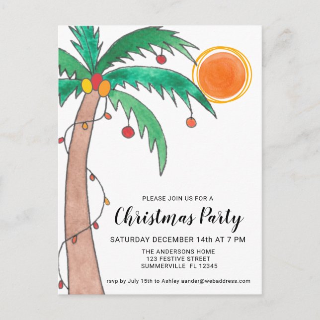 Palm Tree Sun Christmas Party  Invitation Postcard (Front)