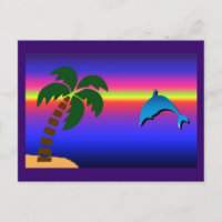 Palm Tree Sunset and Dolphin Postcard