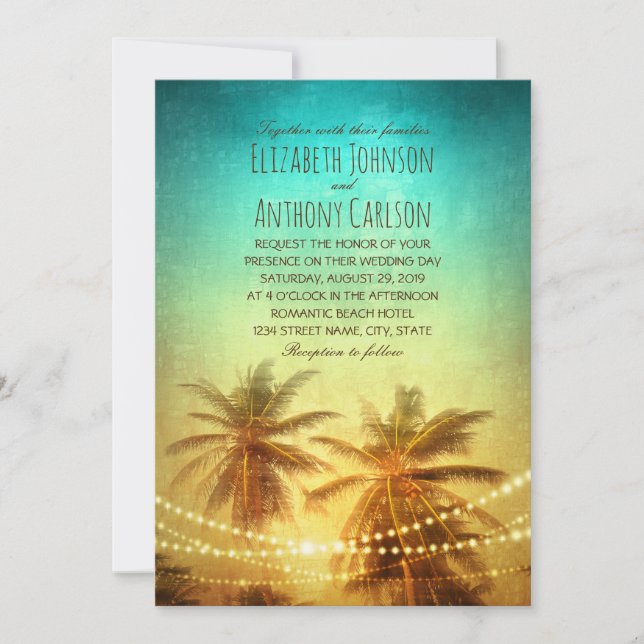 Palm Tree Sunset Hawaiian Beach Themed Wedding Invitation (Front)