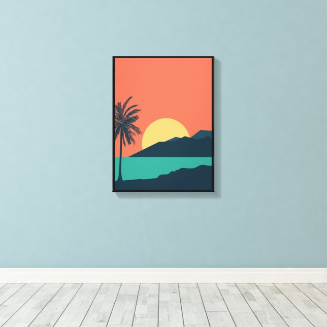 Palm Tree Sunset, Island, Boho Abstract Art Canvas Print (Insitu(Wood Floor))